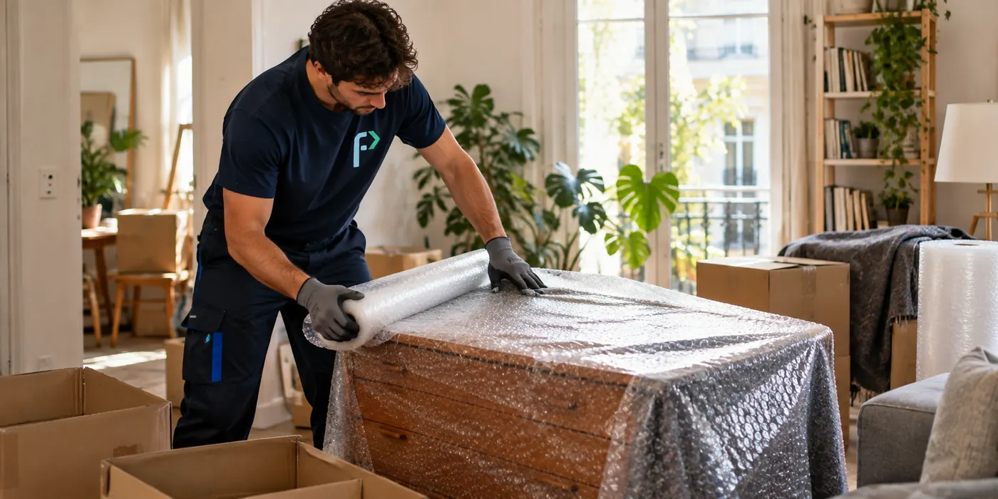 Déménageur Packler emballant un meuble sous film bulle