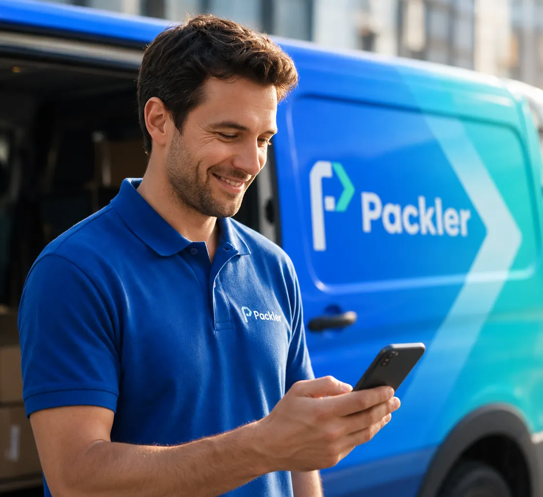 Déménageur Packler devant son camion, smartphone en main